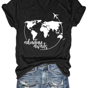 Adventure World Map Women's Casual Cotton Blends T-Shirt, T-shirts, Lilicloth.com