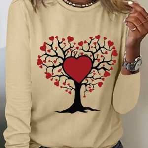 Women‘s Simple Heart Tree Crew Neck Regular Fit Long Sleeve Top, Long sleeves, Lilicloth.com