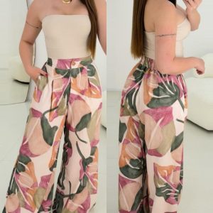 Floral Print Pocket Design Wide Leg Pants Casual Strechy Waist Pants, women Pants, ChicMe catalog