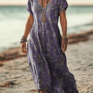 Women's Short Sleeve Summer Floral Printing Dress V Neck Daily Going Out Casual Maxi T-Shirt Dress H-Line Dress, JustFashionNow Casual Dresses, color:Purple|size:4XL,