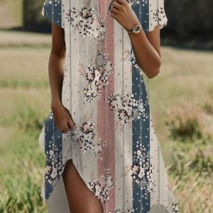 Women Floral Crew Neck Short Sleeve Comfy Casual Midi Dress, Short, color:Apricot|size:XXL, catalog Noracora shop