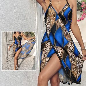 Leopard Pattern Deep V Sleeveless Spaghetti Strap Midi Dress Pom Pom Decor Criss Cross Cover Up, women Cover Ups, ChicMe catalog