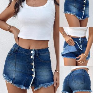 Button Front Pocket Design Denim Skirt Casual Asymmetrical Tassel Decor Split Skirt, women Jeans, ChicMe catalog
