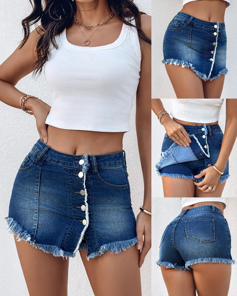 Button Front Pocket Design Denim Skirt Casual Asymmetrical Tassel Decor Split Skort, women Jeans, ChicMe catalog