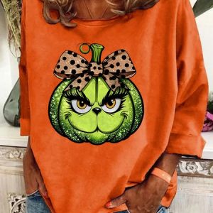 Pumpkin Grinch Leopard Coquette Bow Casual Sweatshirt, Hoodies&Sweatshirts, Lilicloth.com