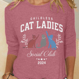 Childless Cat Lady Print Casual Long Sleeve Shirt, Long sleeves, Lilicloth.com