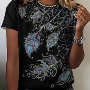 Women's Peacock Feathers Print Crew Neck T-Shirt, T-shirts, Lilicloth.com