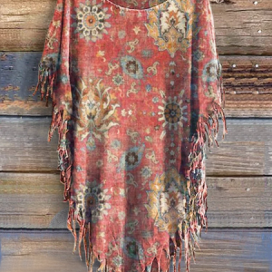 Women's Retro Ethnic Pattern Print Casual Tassel T-Shirt, T-shirts, Lilicloth.com