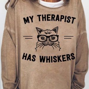 Women's My therapist Has Whiskers Cat Lover Crew Neck Sweatshirt, Hoodies&Sweatshirts, Lilicloth.com