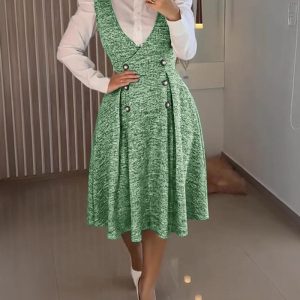 V-Neck A Line Front Botton Thick Strap Mid-Calf Dress Causal Dress, women Midi Dresses, ChicMe catalog