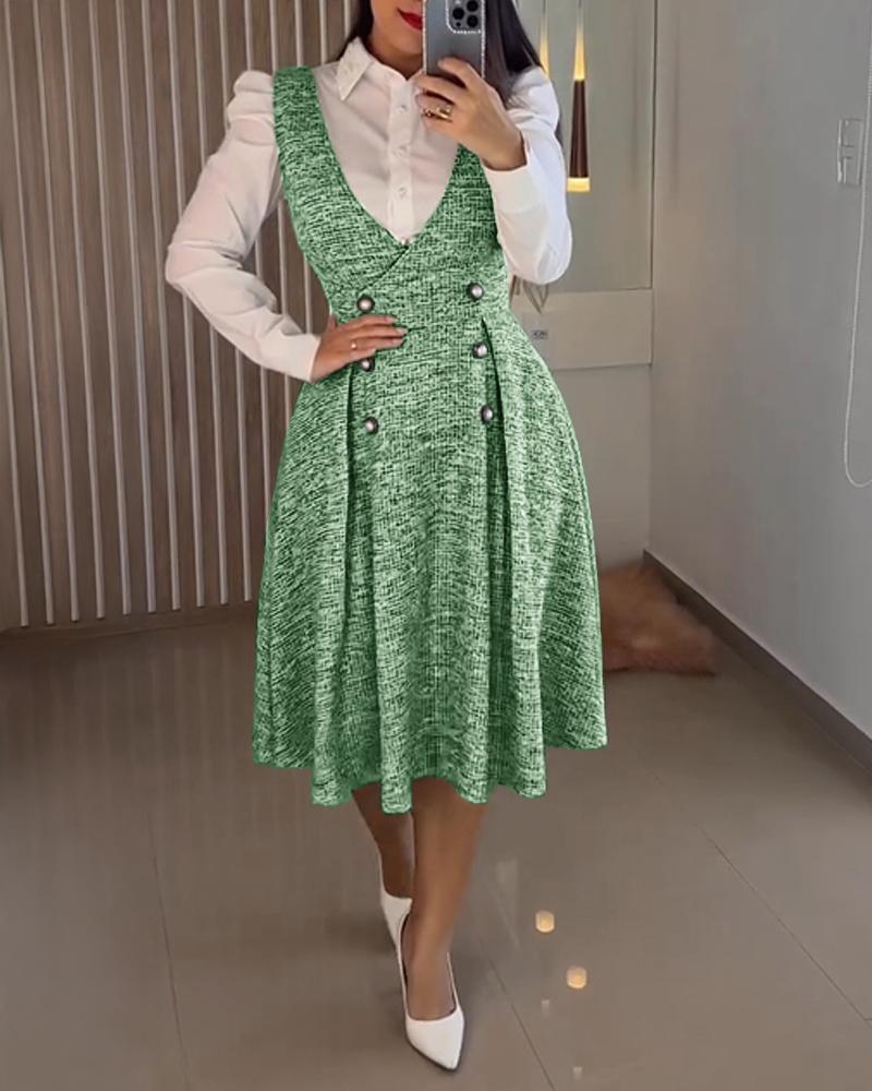 V-Neck Sleeveless Double Breasted Decor A Line Party Dress Causal Ziper Back Peplum Hem Commuting Dress, women Midi Dresses, ChicMe catalog - Image 2