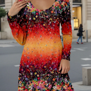 Floral Print Long Sleeve Crew Neck Dress, Dresses, Lilicloth.com