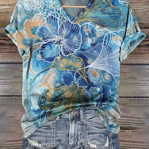 Casual Floral V Neck Short Sleeve T-shirt, T-shirts, color:Blue|size:4XL, catalog Noracora shop