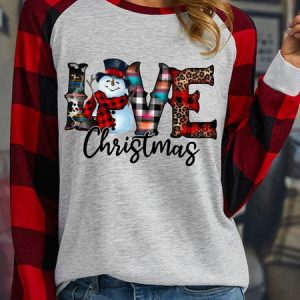 Women's Western Christmas Snowman Love Funny Buffalo Plaid Graphic Print Merry Christmas Loose Crew Neck Top, Long sleeves, Lilicloth.com
