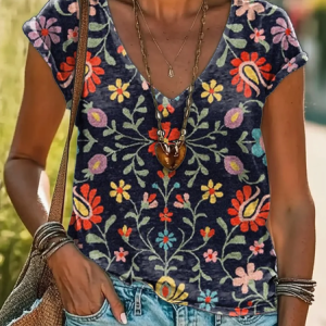 Women's Short Sleeve Tee T-shirt Summer Floral Printing V Neck Casual Graphic Tee Top, JustFashionNow T-Shirts, color:As Picture|size:XXL