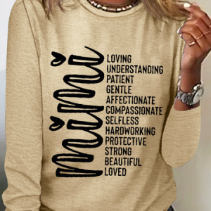 Women‘s Funny Mimi Noun Cotton-Blend Simple Crew Neck Text Letters Long Sleeve Top, Long sleeves, Lilicloth.com