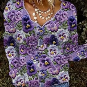 Violet Plant Flower Art V-neck Knitted Sweater, Cardigans, Lilicloth.com