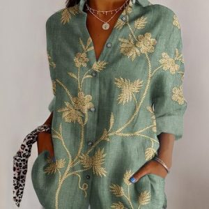 Women's Long Sleeve Shirt Spring/Fall Geometric Shirt Collar Daily Going Out Casual Top, JustFashionNow Blouses, color:Lightgreen|size:5XL,