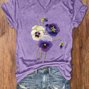 Women's Alzheimer's Awareness Purple Floral Print V-Neck T-Shirt, T-shirts, Lilicloth.com
