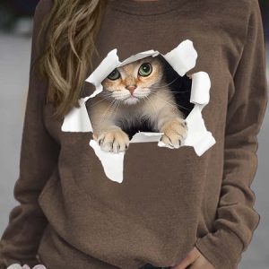 Women Cat Animal Pattern Loose Crew Neck Casual Sweatshirt, Hoodies&Sweatshirts, Lilicloth.com