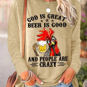 Women Funny Chicken God Is Great People Are Crazy Simple Regular Fit Long Sleeve Top, Long sleeves, Lilicloth.com
