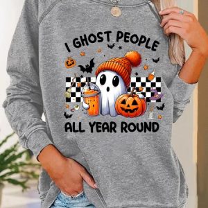 Retro I Ghost People Halloween Cute Ghost Pumpkin Casual Sweatshirt, Hoodies&Sweatshirts, Lilicloth.com