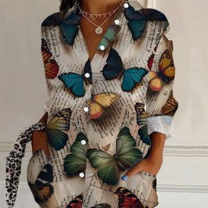 Women's Long Sleeve Shirt Spring/Fall Butterfly Buckle Shirt Collar Daily Going Out Casual Top, JustFashionNow Shirts, color:As Picture|size:3XL,