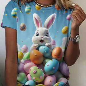 Casual Easter Bunny Pattern Crew Neck Short Sleeve T-shirt, T-shirts, color:Blue|size:4XL, catalog Noracora shop
