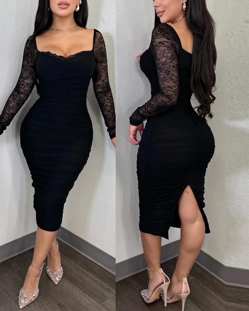 Contrast Lace Long Sleeve Back Slit Slim Fit Bodycon Dress Sexy Party Dress, women Lace Dresses, ChicMe catalog