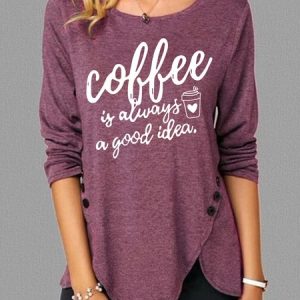 Women's Coffee Print Casual Long Sleeve T-Shirt, Long sleeves, Lilicloth.com