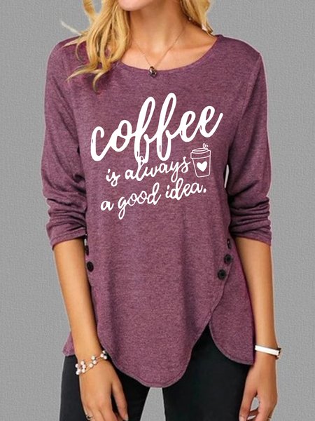 Women's Coffee Print Casual Long Sleeve T-Shirt, Long sleeves, Lilicloth.com