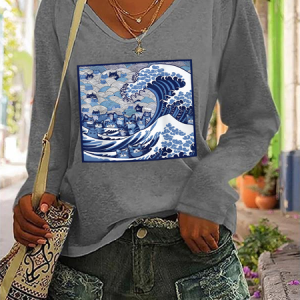 La Cat Vote Blue Cats Wave Casual V-Neck Long Sleeve Shirt, Long sleeves, Lilicloth.com