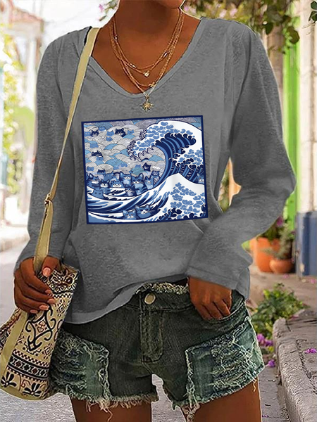 La Cat Vote Blue Cats Wave Casual V-Neck Long Sleeve Shirt, Long sleeves, Lilicloth.com