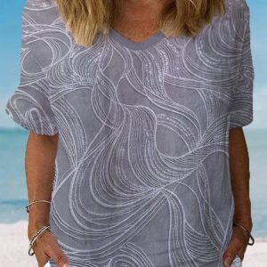 Women's Short Sleeve Blouse Summer Geometric Crew Neck Daily Going Out Casual Top, JustFashionNow Blouses, color:Deep Gray|size:XXL,