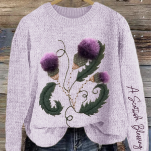 Scottish purple floral round neck sweater, Sweaters, Lilicloth.com