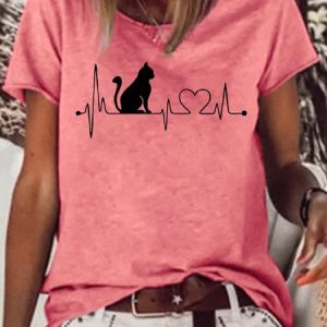 Women's Casual Cat Heart Beat T-Shirt, T-shirts, Lilicloth.com