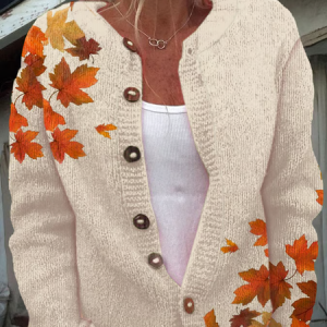 Women's Autumn Maple Leaf Print Knitted Sweater, Cardigans, Lilicloth.com