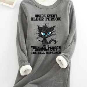 Women's funny grumpy cat Inside Every Older Person Is A Younger Person Casual Cat Fleece Sweatshirt, Hoodies&Sweatshirts, Lilicloth.com