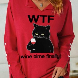 Lilicloth X Kelly WTF Wine Time Finally Women's Cat Sweatshirt, Hoodies&Sweatshirts, Lilicloth.com
