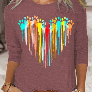 Womens Paw Heart Print Crew Neck Casual Top, Long sleeves, Lilicloth.com