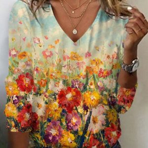 Casual Floral V Neck Long Sleeve T-shirt, T-shirts, color:Multicolor|size:XXL, catalog Noracora shop
