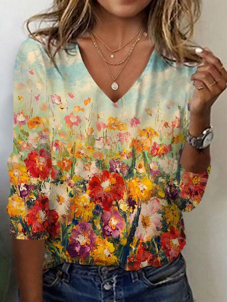 Women's Long Sleeve Tee T-shirt Spring/Fall Floral Jersey V Neck Daily Going Out Casual Top, JustFashionNow T-Shirts, color:Multicolor|size:XXL,