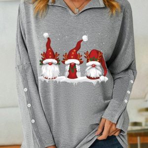 Women Three Nordic Gnomes Winter Christmas V Neck Striped Sweatshirt, Hoodies&Sweatshirts, Lilicloth.com