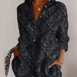 Shirt Collar Long Sleeve Geometric Regular Micro-Elasticity Regular Fit Shirt For Women, Shirts, color:Black|size:5XL, catalog Noracora shop