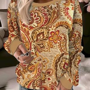 Women's Crew Neck Ethnic Printing Casual Spring/Fall Long Sleeve Sweatshirt, JustFashionNow Sweatshirts & Hoodies, color:Khaki|size:XXL,