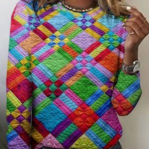 Colorful geometric grid casual long sleeved T-shirt, Long sleeves, Lilicloth.com