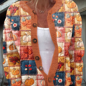 Women's Thanksgiving Pumpkin Maple Leaf Print Knit Sweater, Cardigans, Lilicloth.com