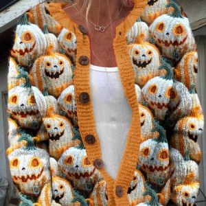 Pumpkin Halloween button knit sweater cardigan, Cardigans, Lilicloth.com