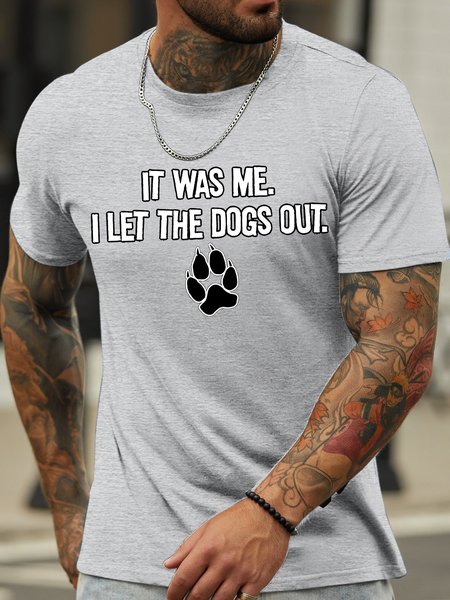 Men's It Was Me I Let The Dog Out Funny Graphic Print Text Letters Crew Neck Loose Casual T-Shirt, T-shirts, Lilicloth.com