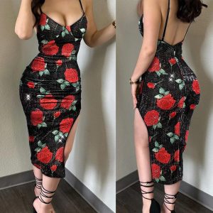 Sequin Floral Pattern Spaghetti Strap Bodycon Dress Slit Party Dress Sexy Dress, women Sequin Dresses, ChicMe catalog